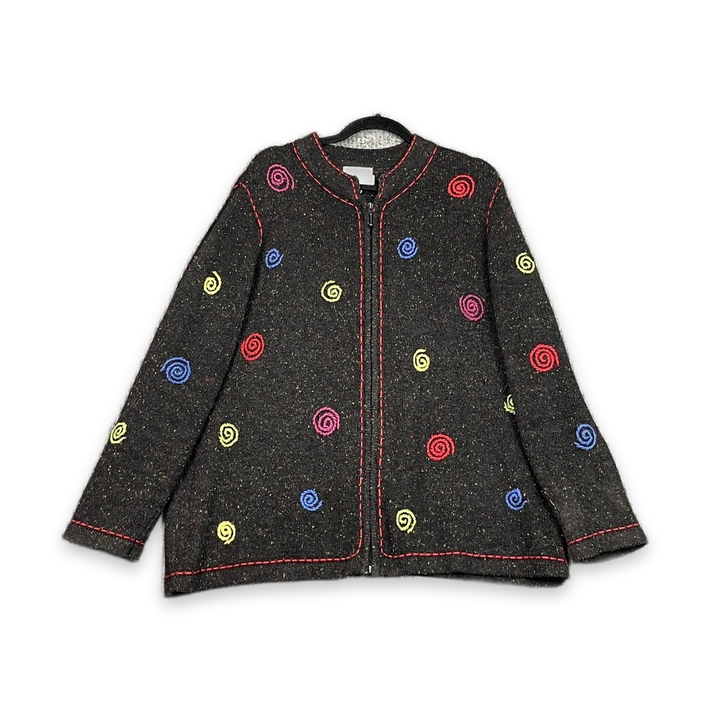 VTG CJ Banks Cardigan Sweater Womens 2X Hand Embroidered Swirl Tweed Cottagecore